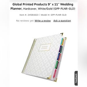 Global Printed Products 9" x 11" Wedding Planner, Hardcover, White/Gold